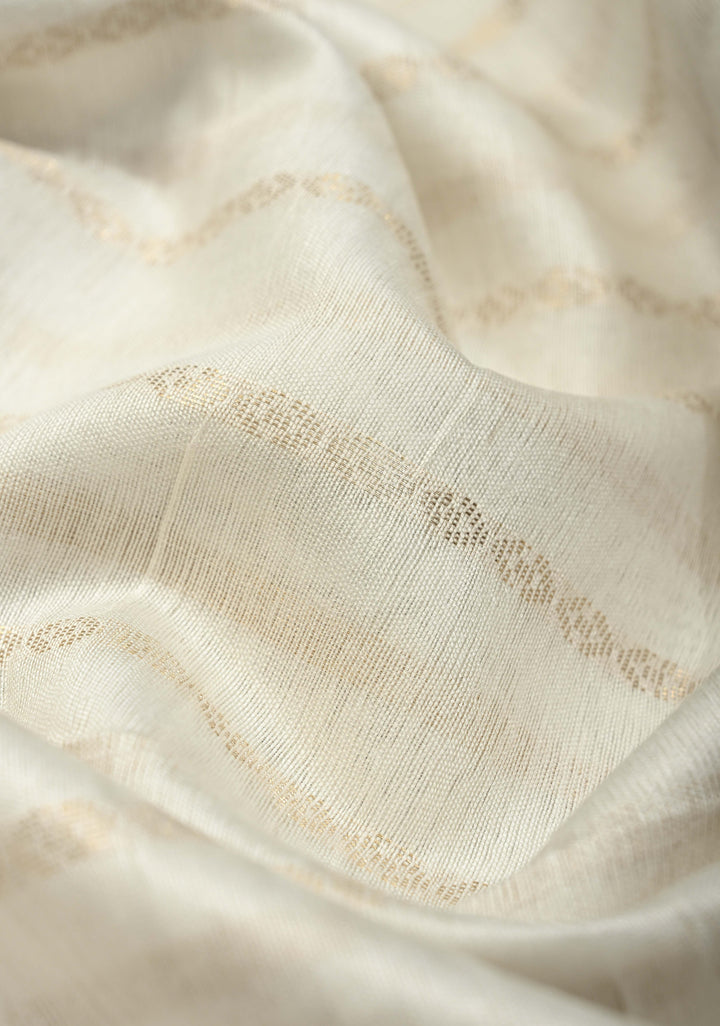 White Semi Tussar Saree Zari Stripes and Zari Border | SHOBITAM