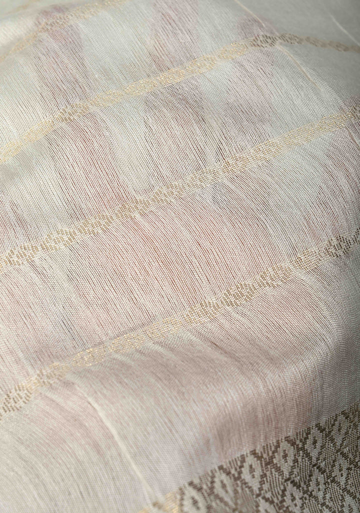 White Semi Tussar Saree Zari Stripes and Zari Border | SHOBITAM