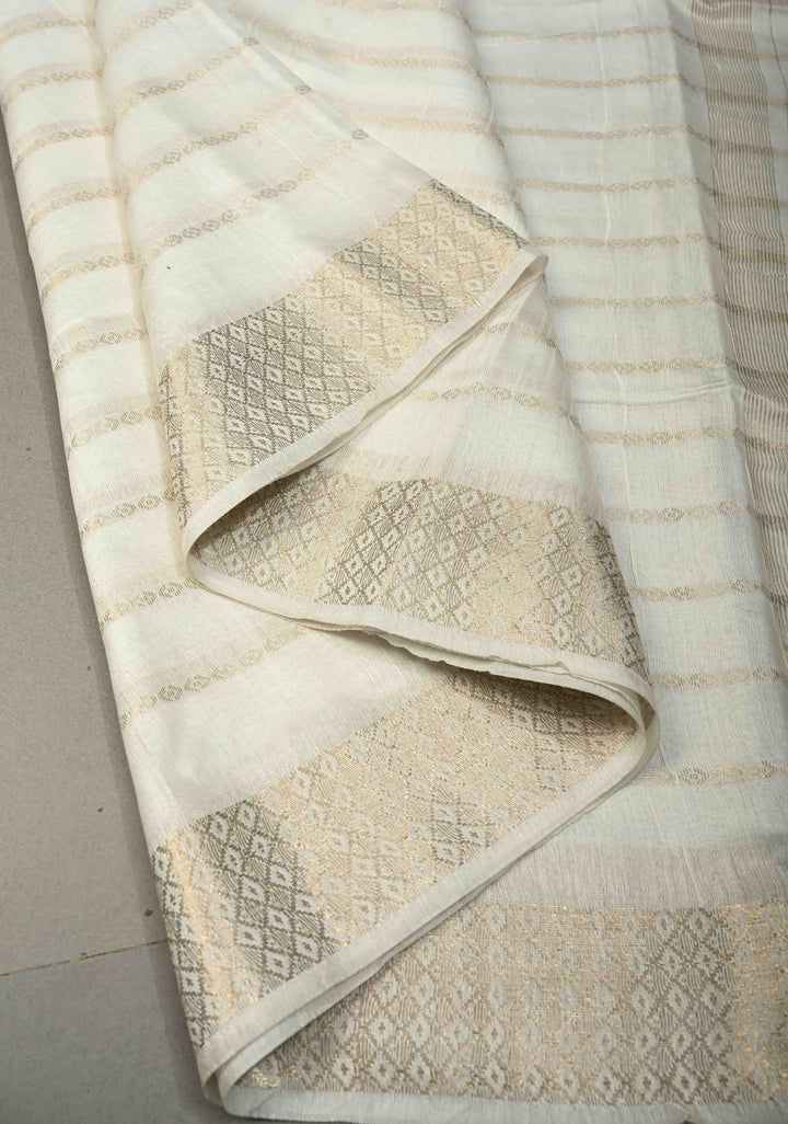 White Semi Tussar Saree Zari Stripes and Zari Border | SHOBITAM