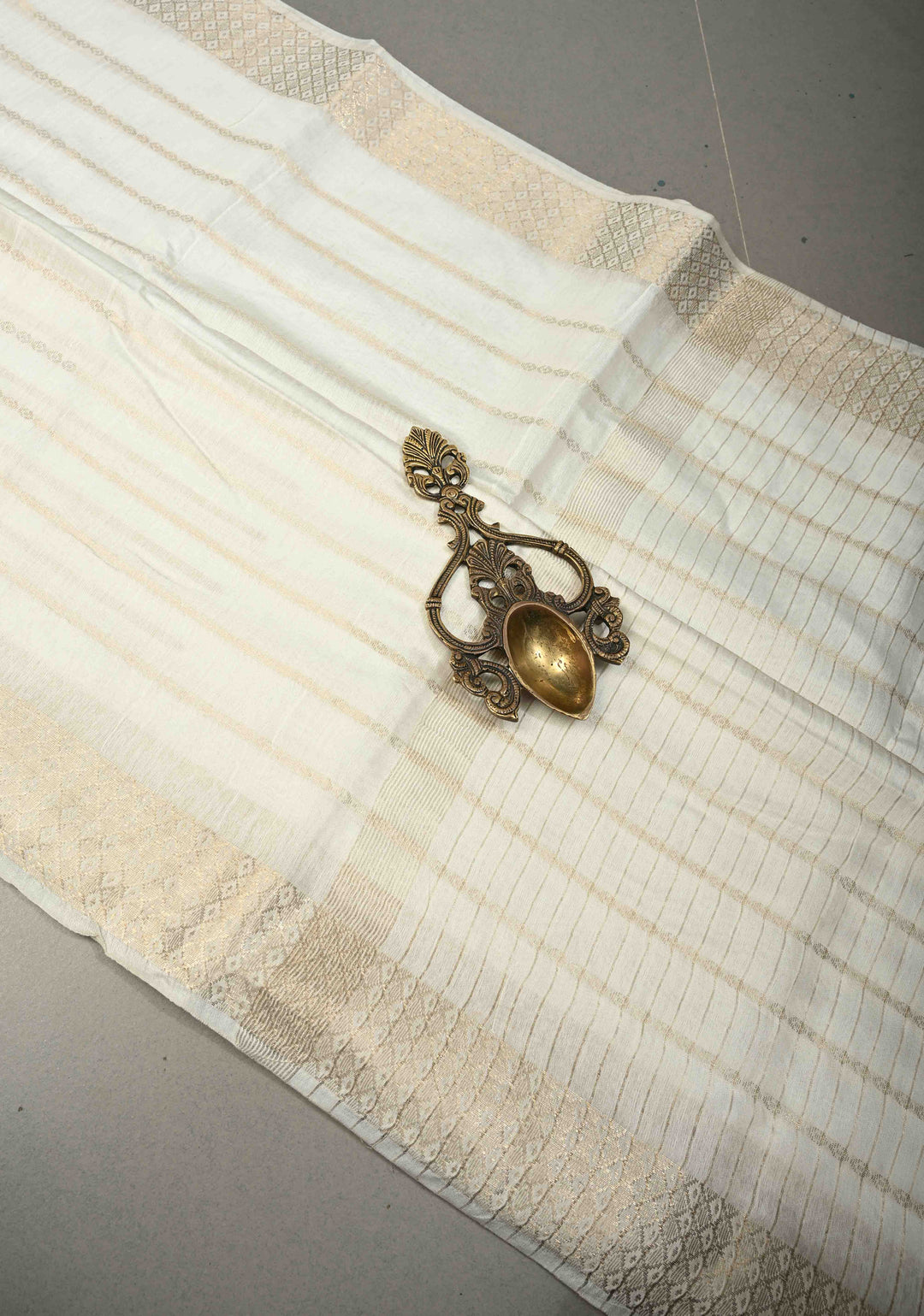 White Semi Tussar Saree Zari Stripes and Zari Border | SHOBITAM