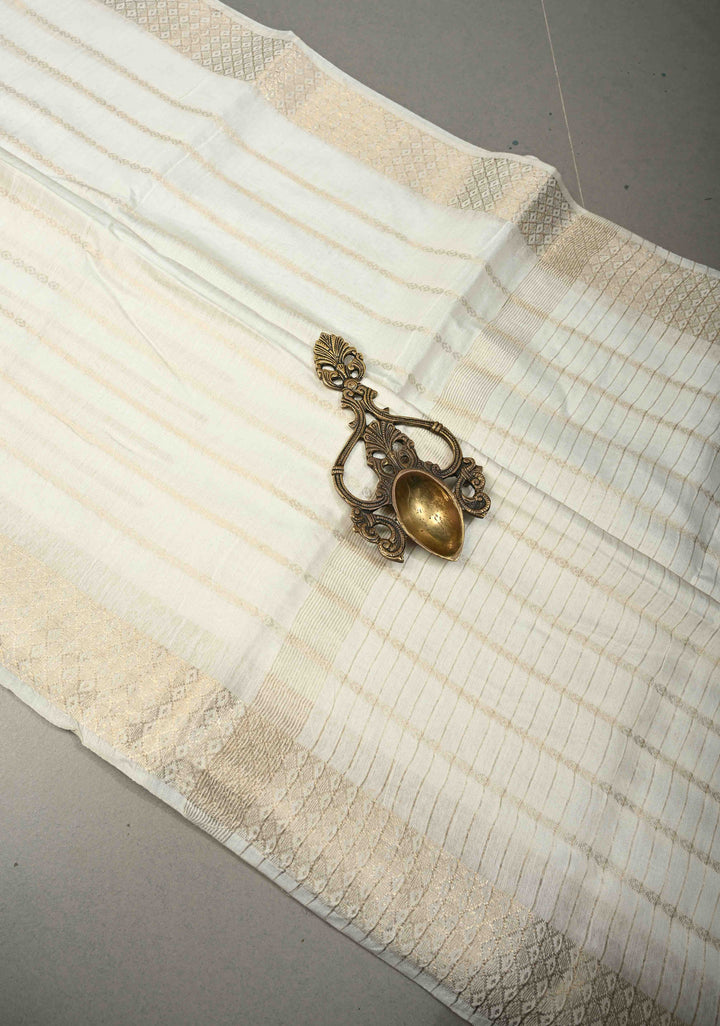 White Semi Tussar Saree Zari Stripes and Zari Border | SHOBITAM