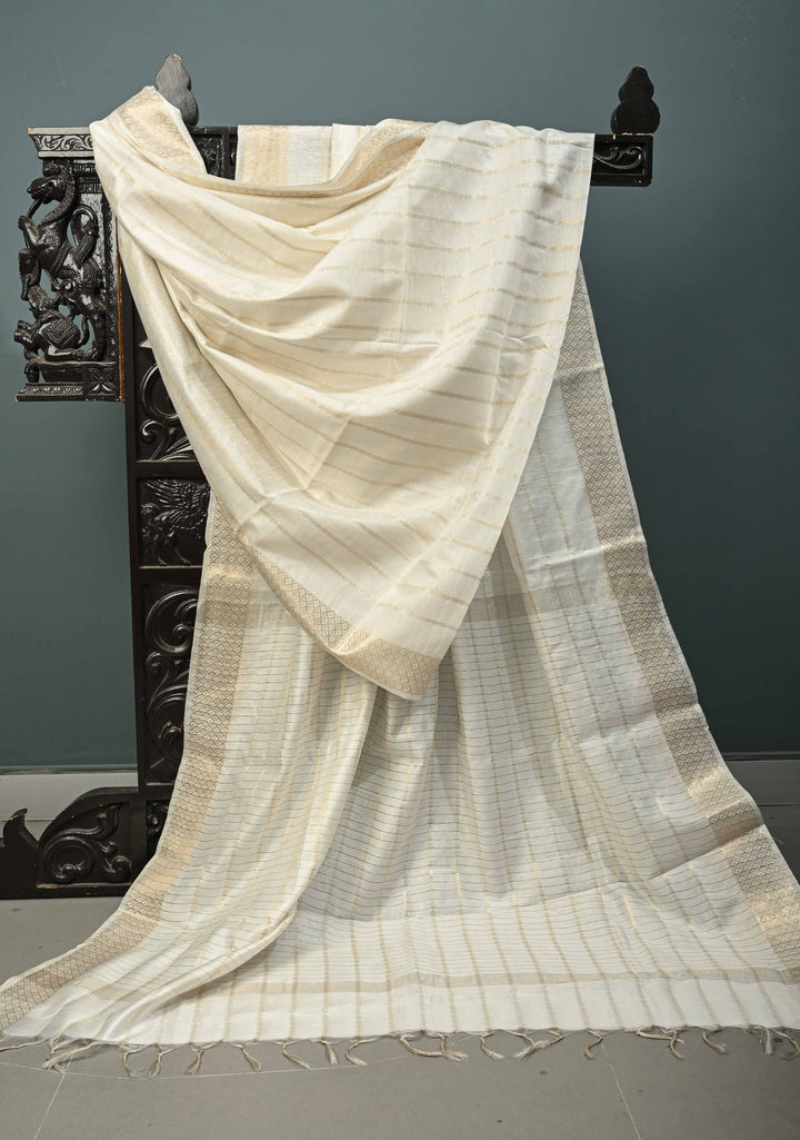 White Semi Tussar Saree Zari Stripes and Zari Border | SHOBITAM