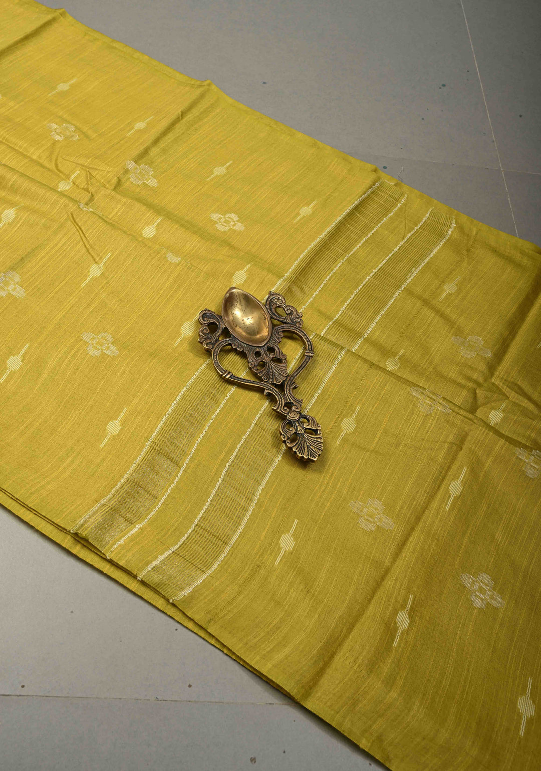 Moss Green Borderless Semi Tussar Saree with Zari and Thread Buttas | SHOBITAM