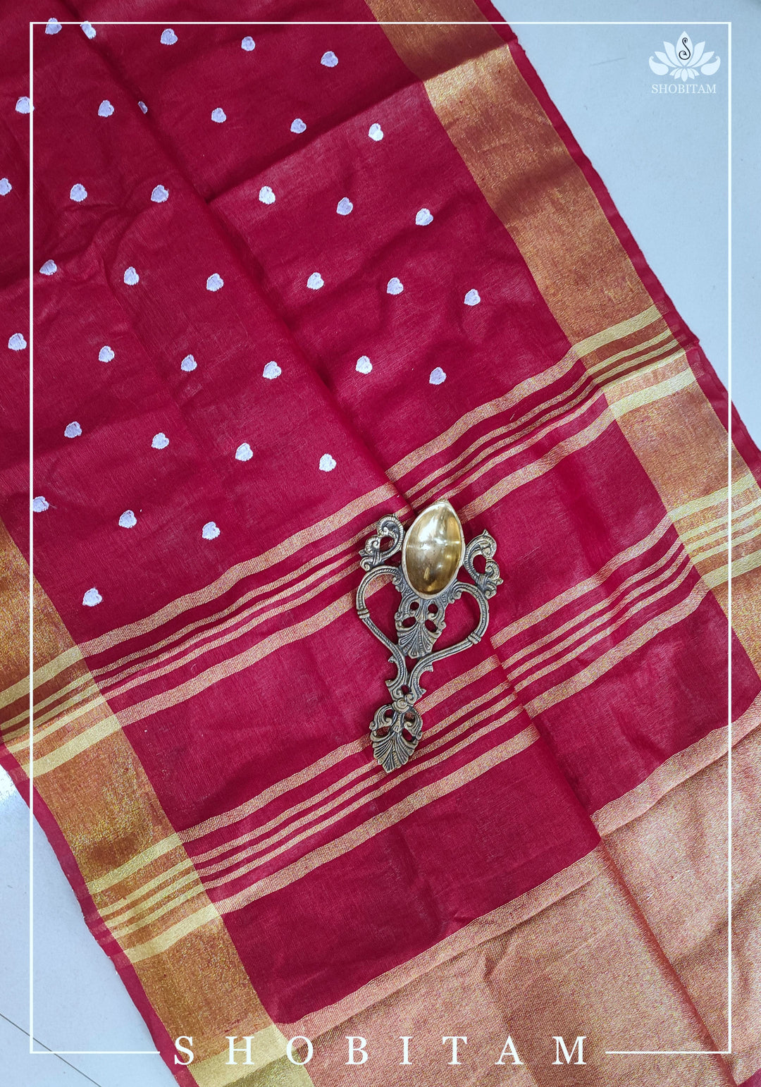 Pre orderLoving Hearts Embroidered Cherry Plum Pure Tone Linen Saree