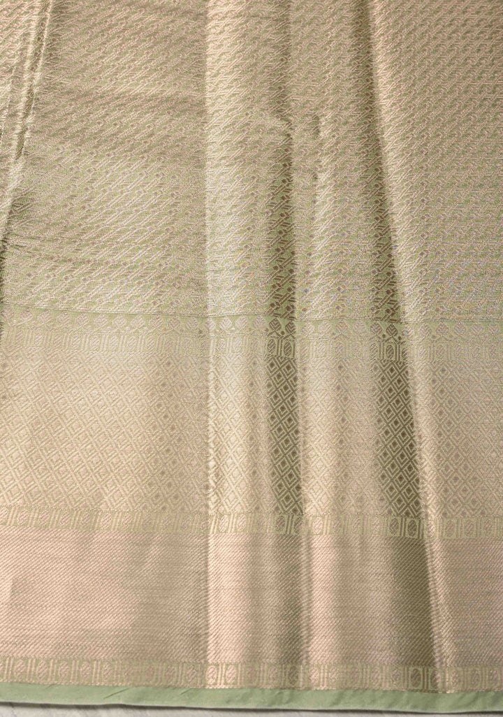 Pale Lime Green Kanjivaram Tissue Semi Silk Saree with Floral Brocade and Zari Border