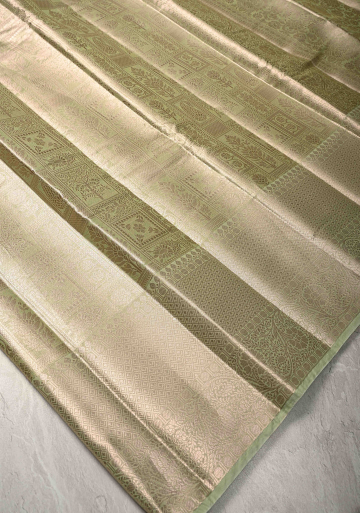 Pale Lime Green Kanjivaram Tissue Semi Silk Saree with Floral Brocade and Zari Border