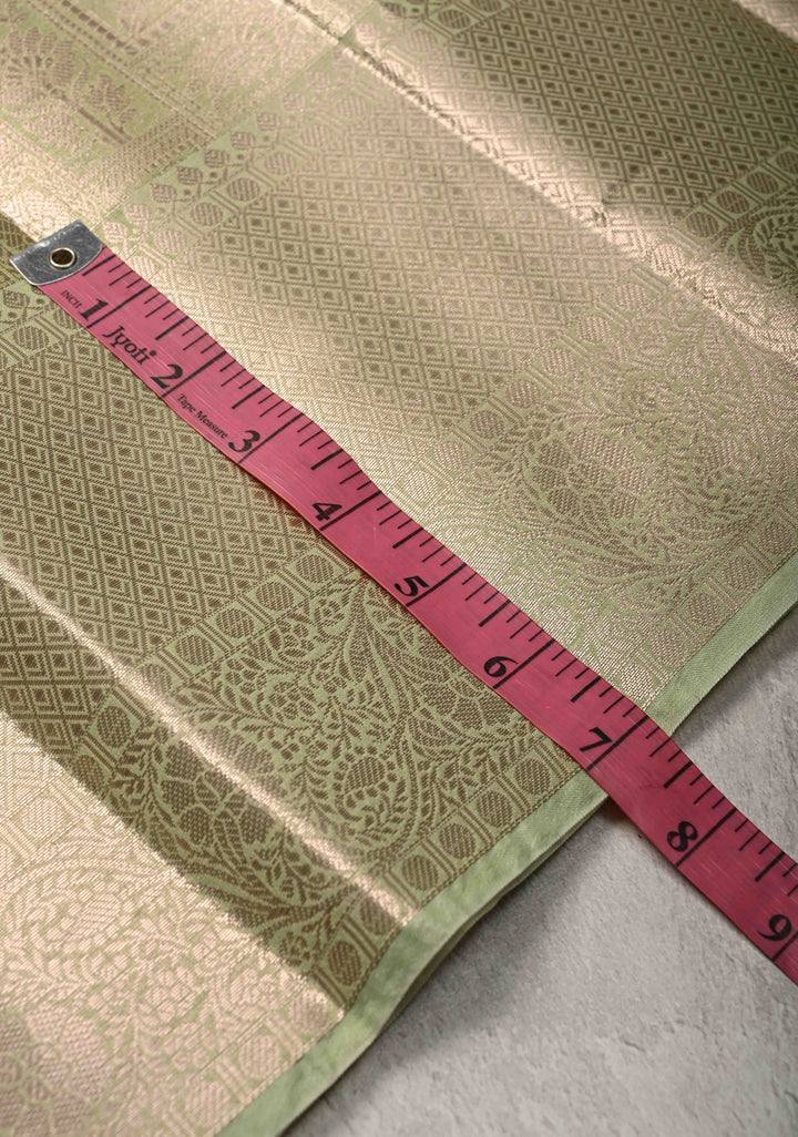 Pale Lime Green Kanjivaram Tissue Semi Silk Saree with Floral Brocade and Zari Border