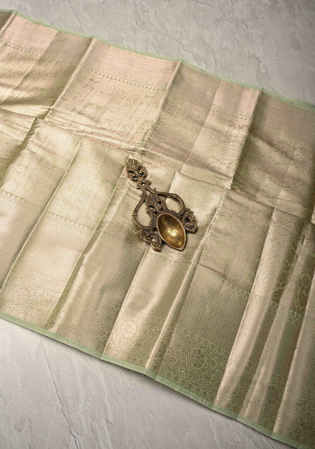 Pale Lime Green Kanjivaram Tissue Semi Silk Saree with Floral Brocade and Zari Border
