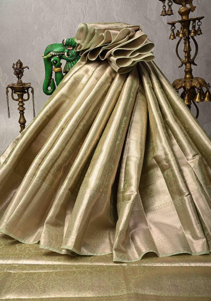 Pale Lime Green Kanjivaram Tissue Semi Silk Saree with Floral Brocade and Zari Border