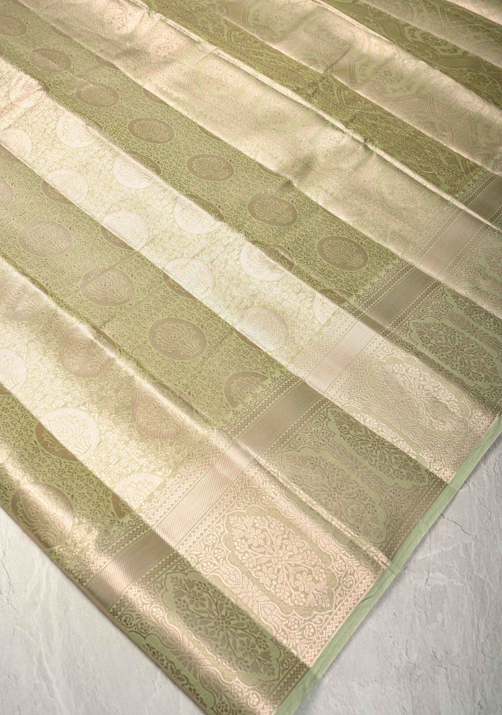Pista Green Kanjivaram Tissue Semi Silk Saree with Brocade Jaal and Zari Border