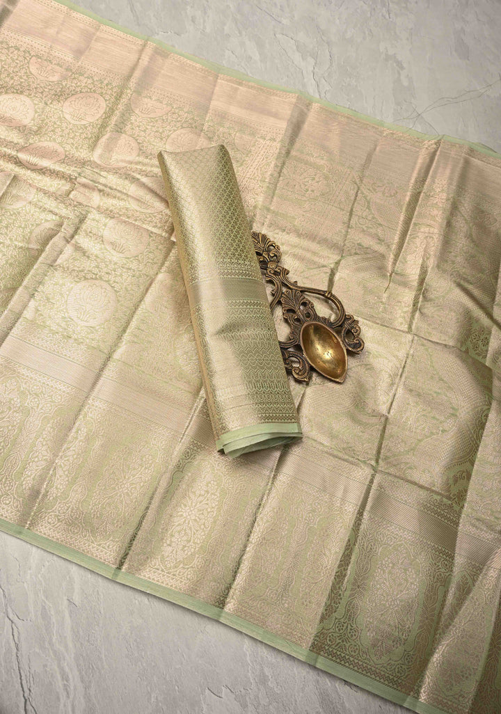 Pista Green Kanjivaram Tissue Semi Silk Saree with Brocade Jaal and Zari Border