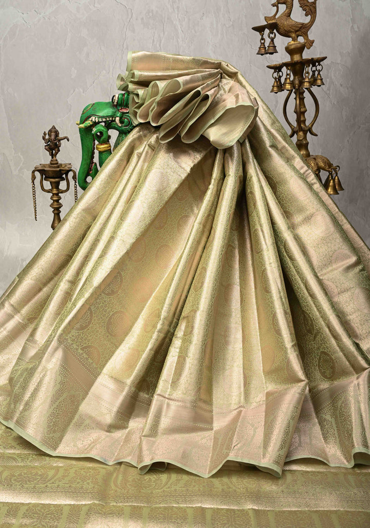 Pista Green Kanjivaram Tissue Semi Silk Saree with Brocade Jaal and Zari Border