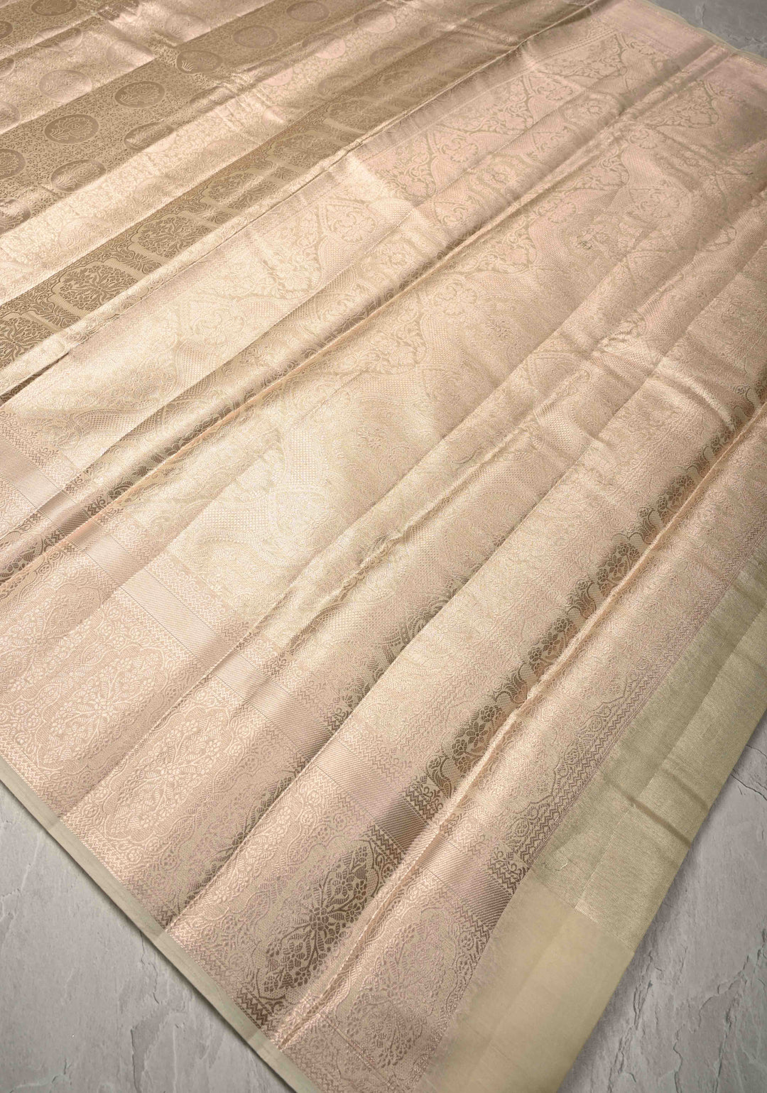 Beige Kanjivaram Tissue Semi Silk Saree with Floral Brocade and Zari Border