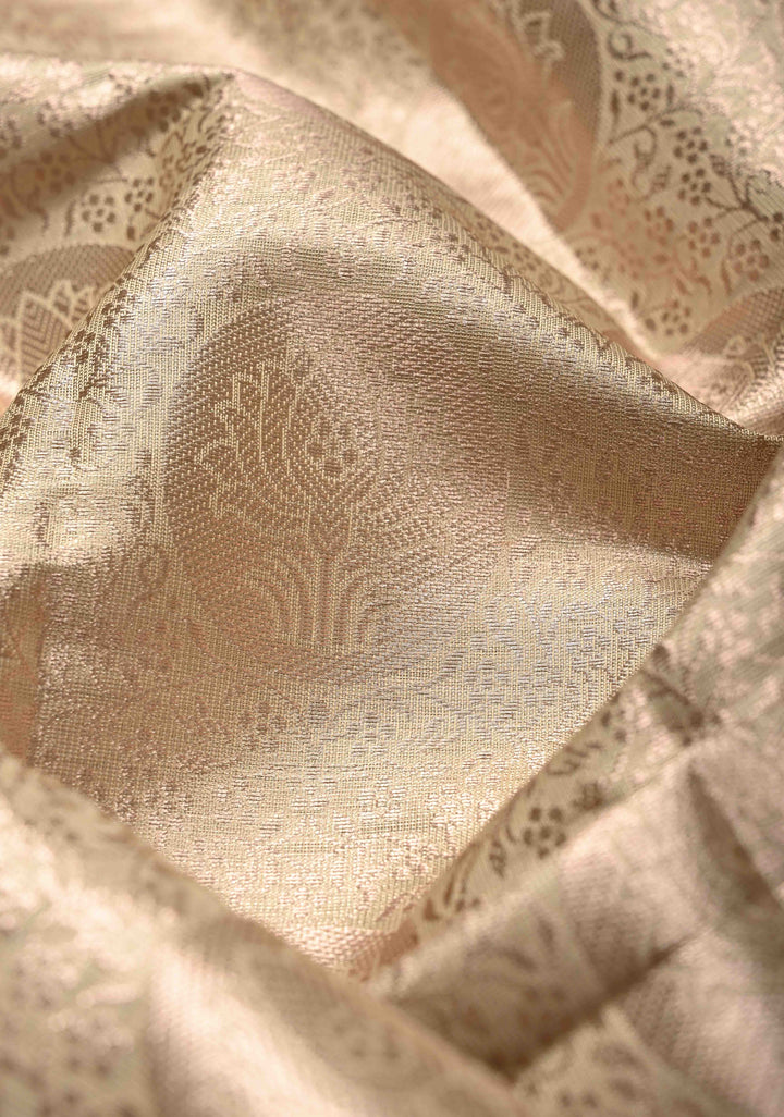 Beige Kanjivaram Tissue Semi Silk Saree with Floral Brocade and Zari Border