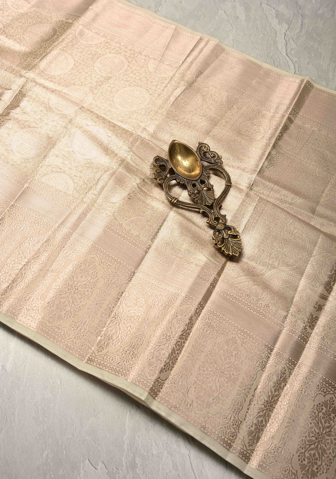 Beige Kanjivaram Tissue Semi Silk Saree with Floral Brocade and Zari Border