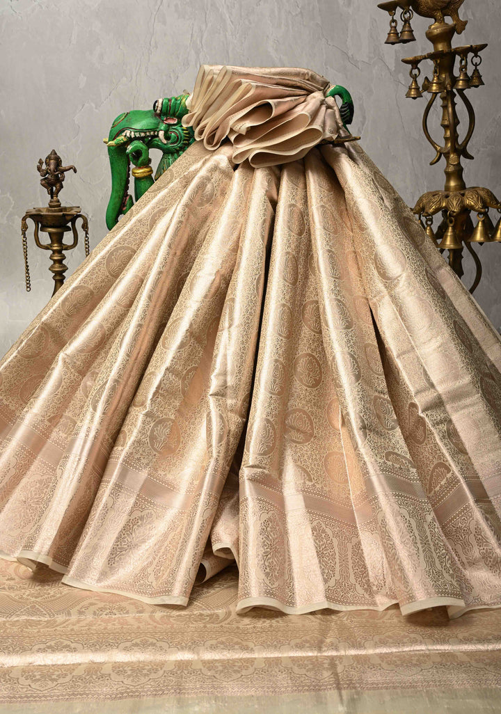 Beige Kanjivaram Tissue Semi Silk Saree with Floral Brocade and Zari Border