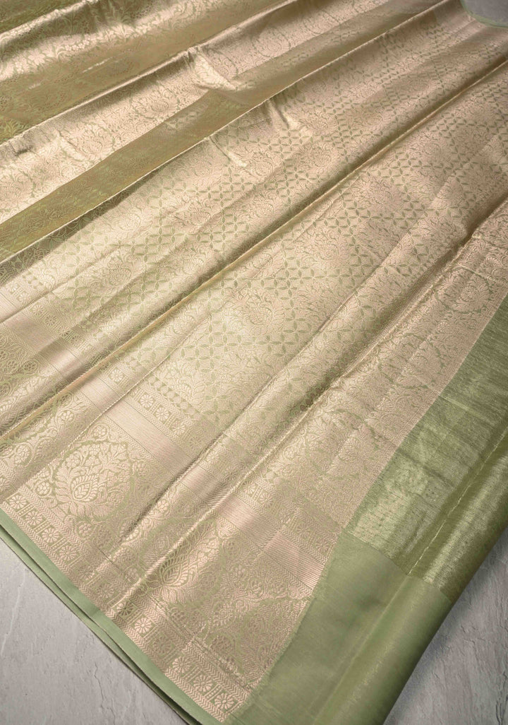 Pale Lime Green Kanjivaram Tissue Semi Silk Saree with Floral Brocade and Zari Border