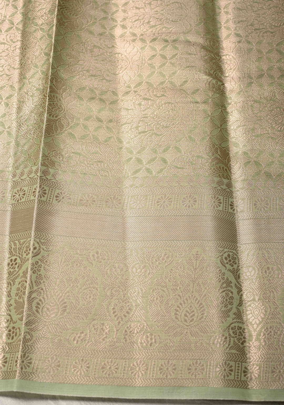 Pale Lime Green Kanjivaram Tissue Semi Silk Saree with Floral Brocade and Zari Border