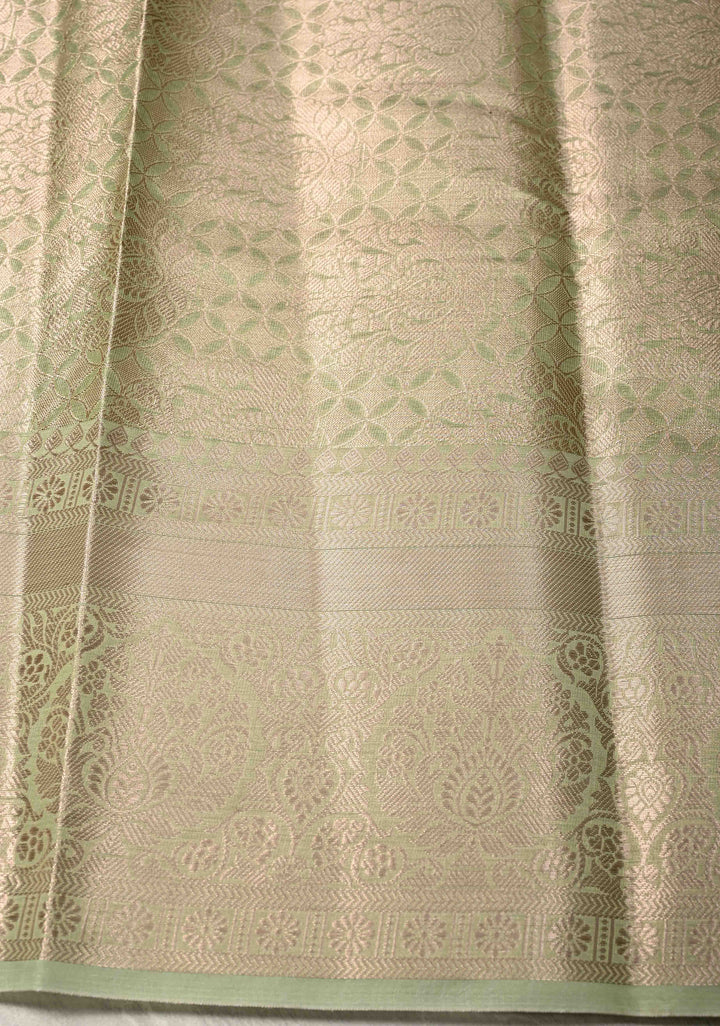 Pale Lime Green Kanjivaram Tissue Semi Silk Saree with Floral Brocade and Zari Border