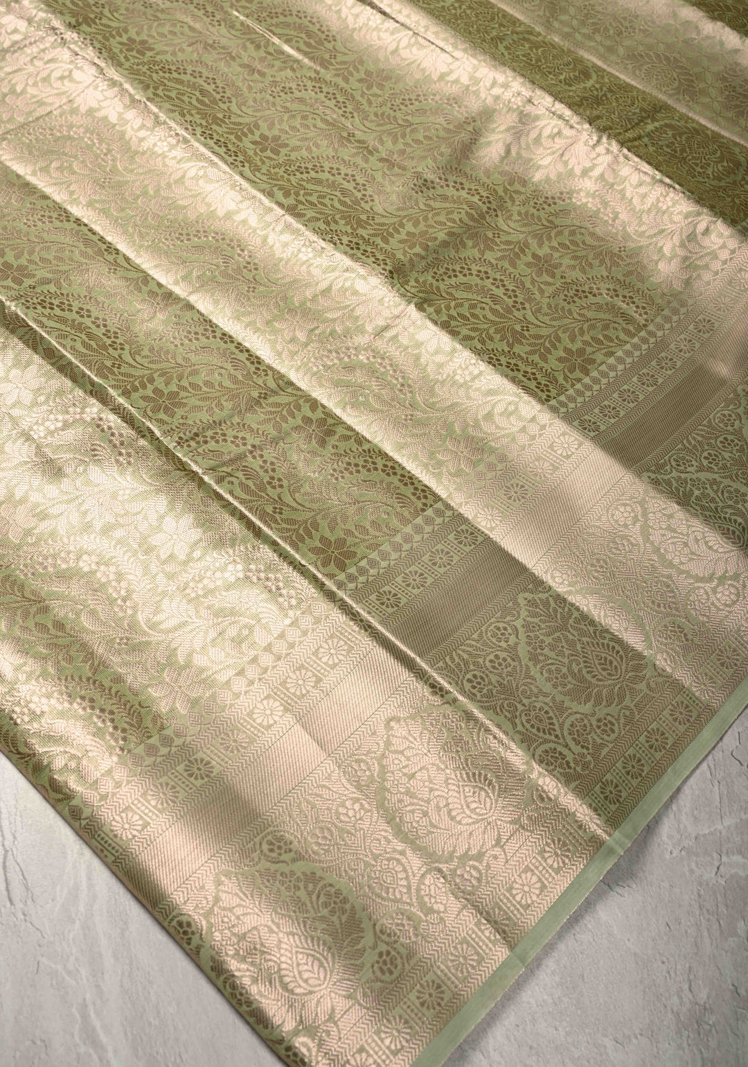 Pale Lime Green Kanjivaram Tissue Semi Silk Saree with Floral Brocade and Zari Border