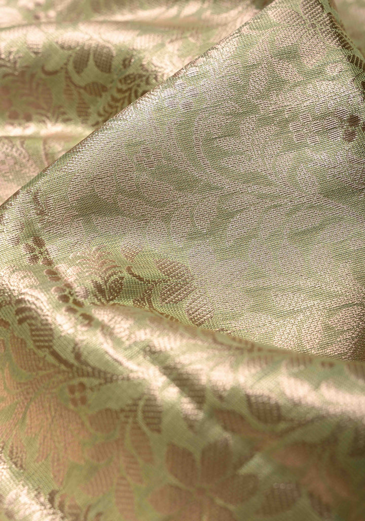 Pale Lime Green Kanjivaram Tissue Semi Silk Saree with Floral Brocade and Zari Border