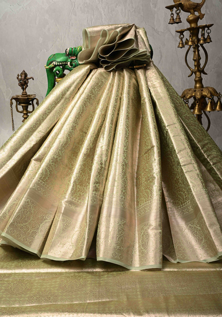 Pale Lime Green Kanjivaram Tissue Semi Silk Saree with Floral Brocade and Zari Border