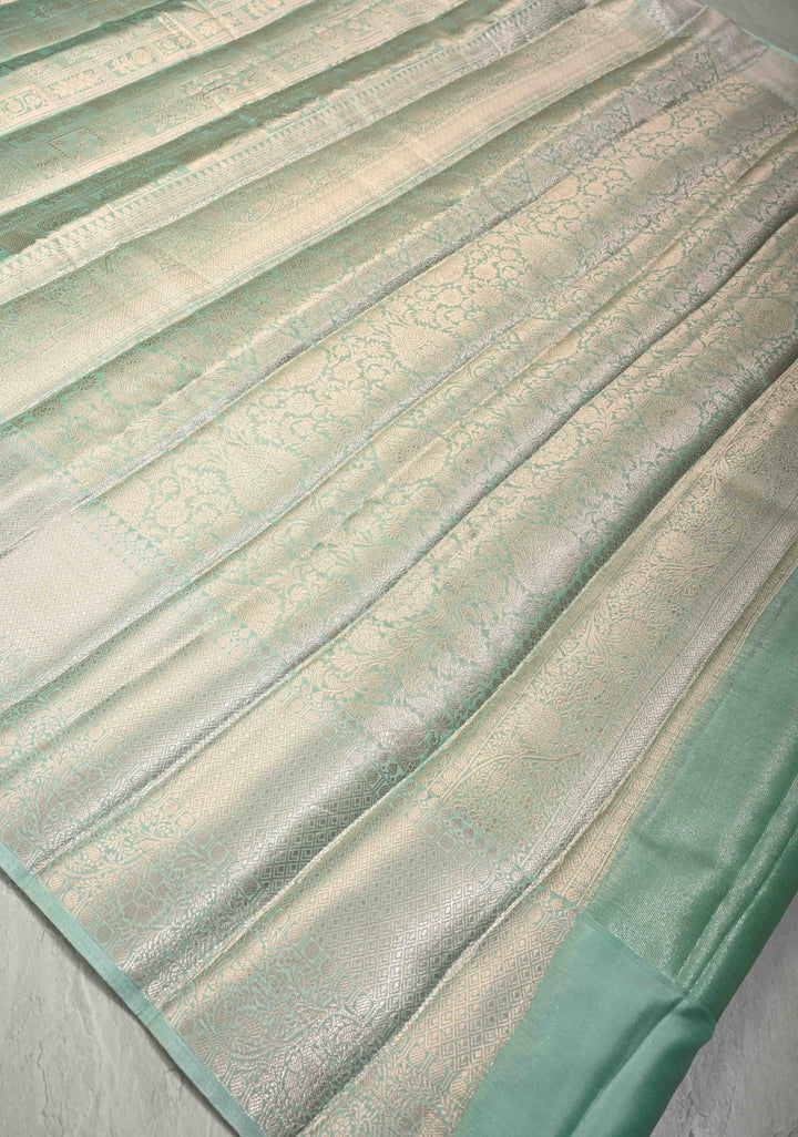 Mint green Kanjivaram Tissue Semi Silk Saree with Patola Brocade and Zari Border
