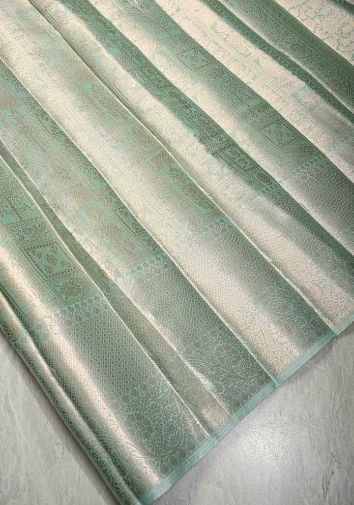 Mint green Kanjivaram Tissue Semi Silk Saree with Patola Brocade and Zari Border