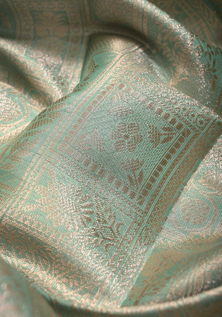 Mint green Kanjivaram Tissue Semi Silk Saree with Patola Brocade and Zari Border