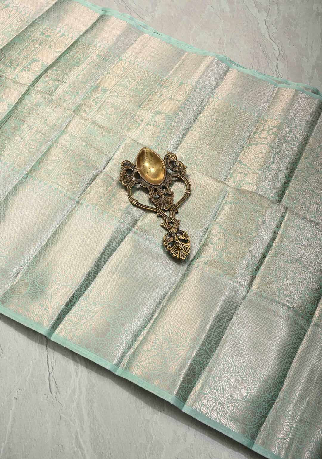 Mint green Kanjivaram Tissue Semi Silk Saree with Patola Brocade and Zari Border