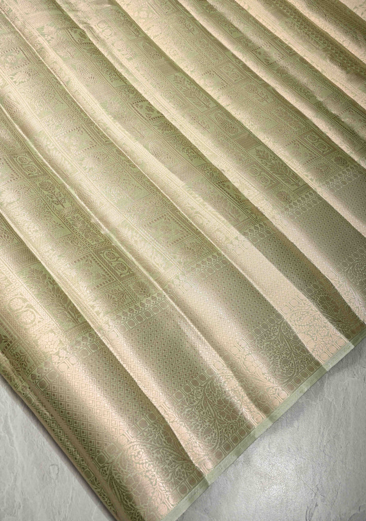 Light lime Green Kanjivaram Tissue Semi Silk Saree with Zari Patola Brocade and Zari Border