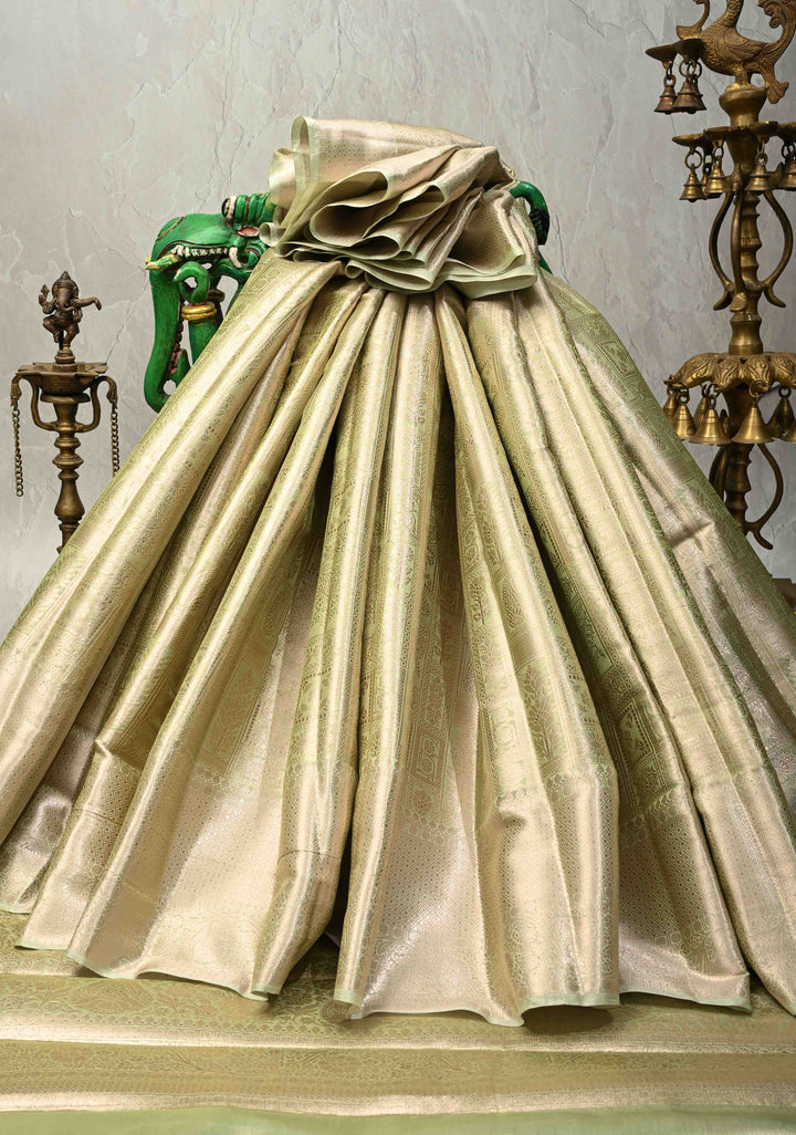 Light lime Green Kanjivaram Tissue Semi Silk Saree with Zari Patola Brocade and Zari Border