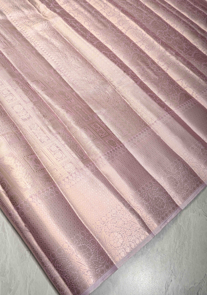 Radiant Lavender-Pink Tissue Silk Saree with Traditional Geometric and Floral Patola Brocade and Wide Border