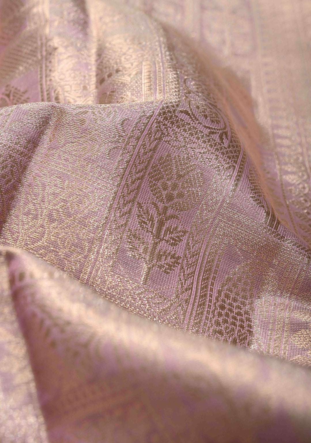 Radiant Lavender-Pink Tissue Silk Saree with Traditional Geometric and Floral Patola Brocade and Wide Border