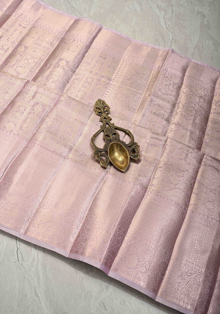 Radiant Lavender-Pink Tissue Silk Saree with Traditional Geometric and Floral Patola Brocade and Wide Border