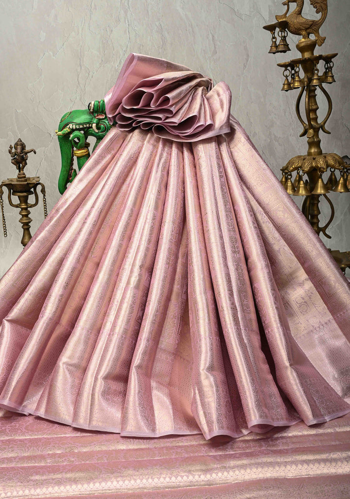 Radiant Lavender-Pink Tissue Silk Saree with Traditional Geometric and Floral Patola Brocade and Wide Border