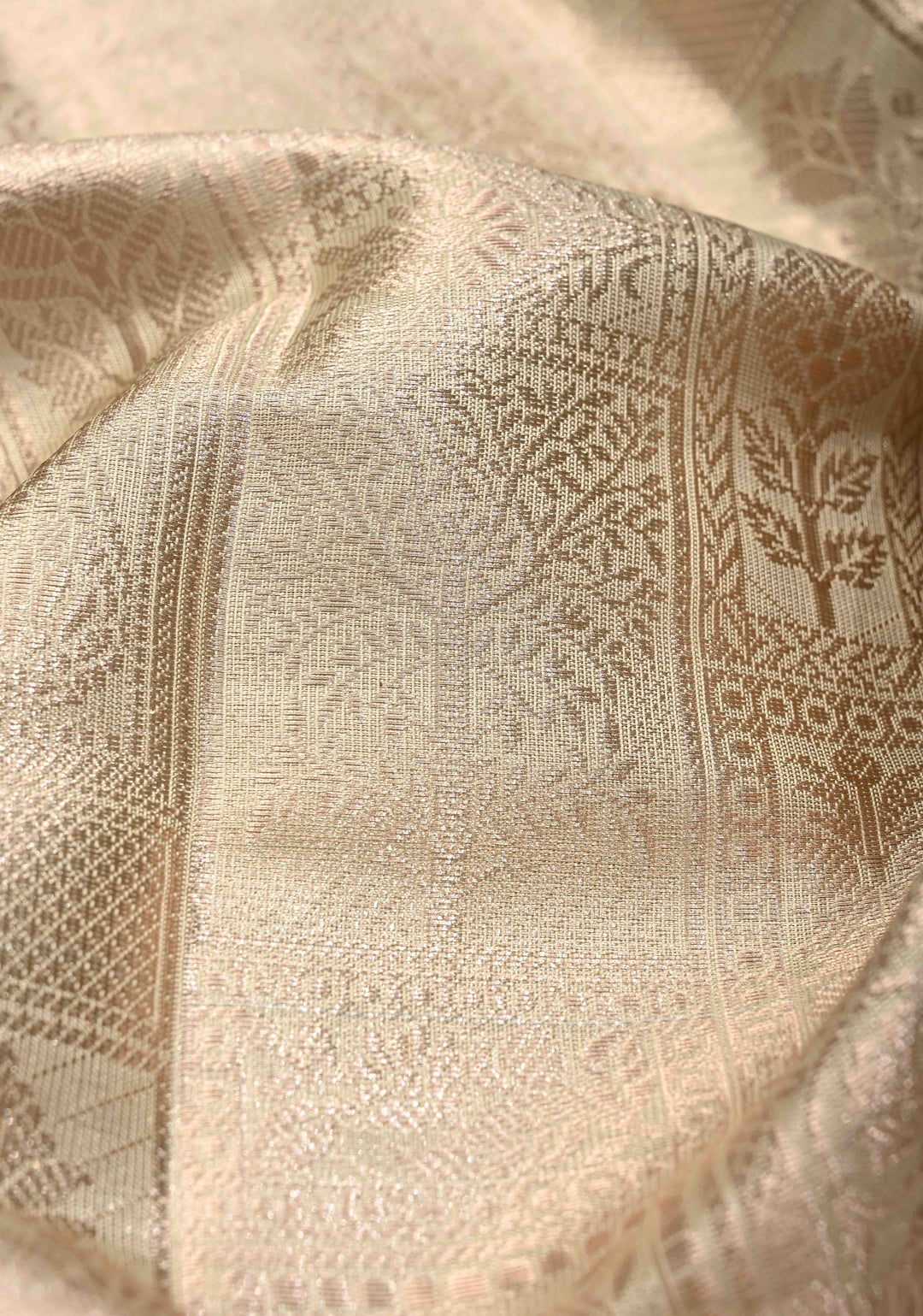 Beige Tissue Kanjivaram Semi Silk Patola Brocade Saree with wide zari Border