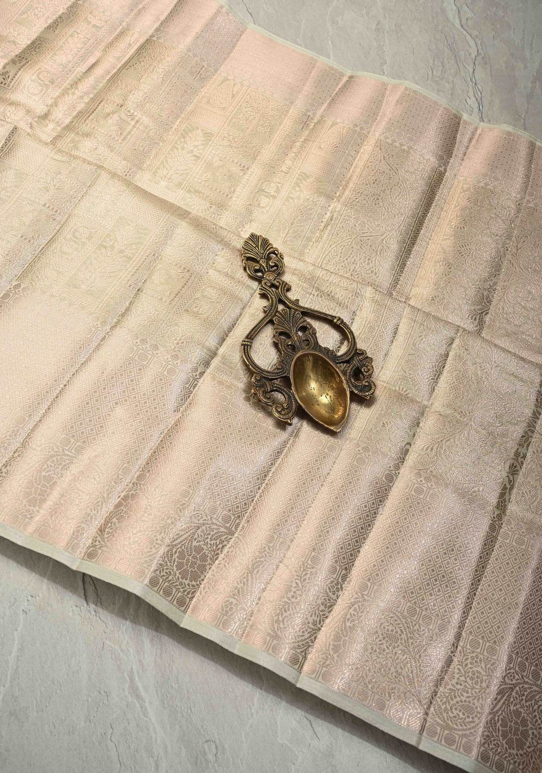 Beige Tissue Kanjivaram Semi Silk Patola Brocade Saree with wide zari Border