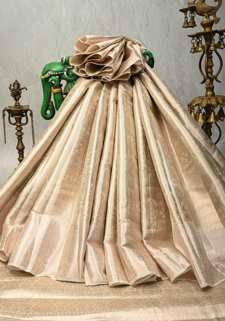 Beige Tissue Kanjivaram Semi Silk Patola Brocade Saree with wide zari Border