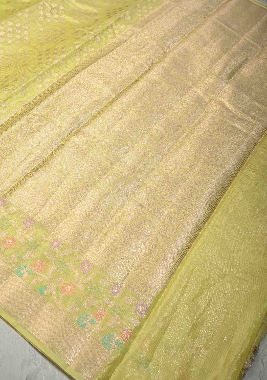 Lime Green Tissue Kanjivaram Semi Silk Saree with Leaf Buttas and Pastel meenakari Vine border