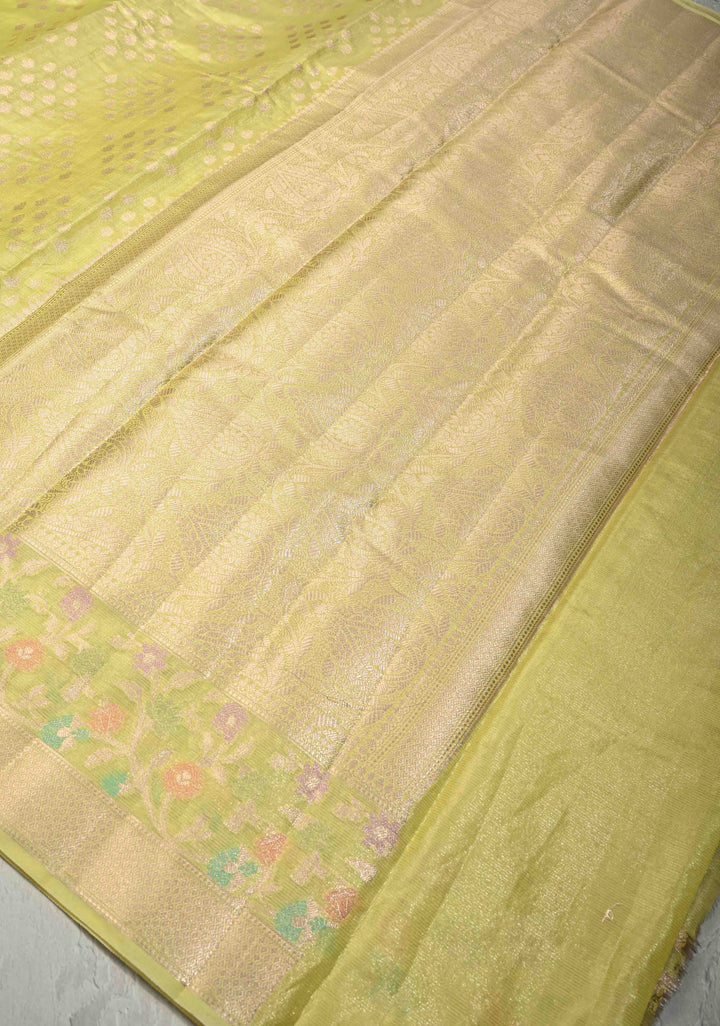 Lime Green Tissue Kanjivaram Semi Silk Saree with Leaf Buttas and Pastel meenakari Vine border