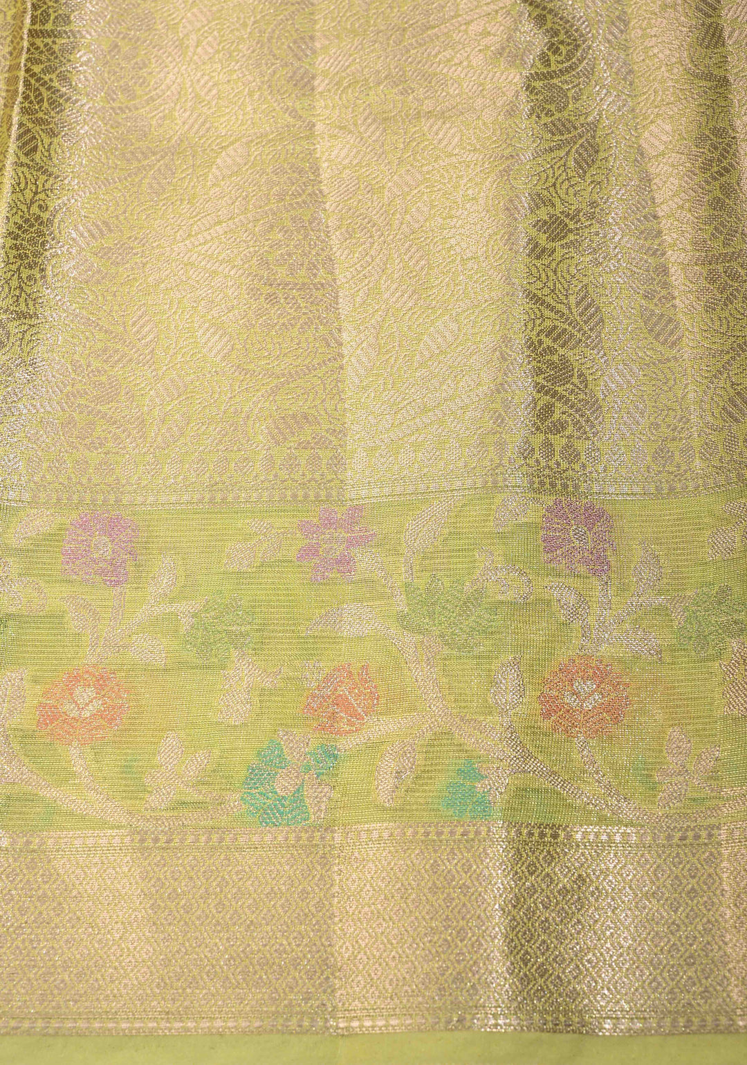 Lime Green Tissue Kanjivaram Semi Silk Saree with Leaf Buttas and Pastel meenakari Vine border