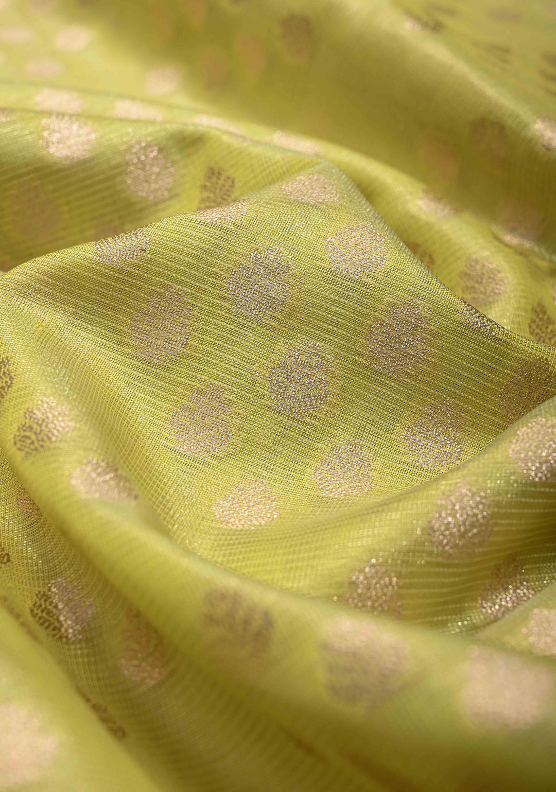 Lime Green Tissue Kanjivaram Semi Silk Saree with Leaf Buttas and Pastel meenakari Vine border