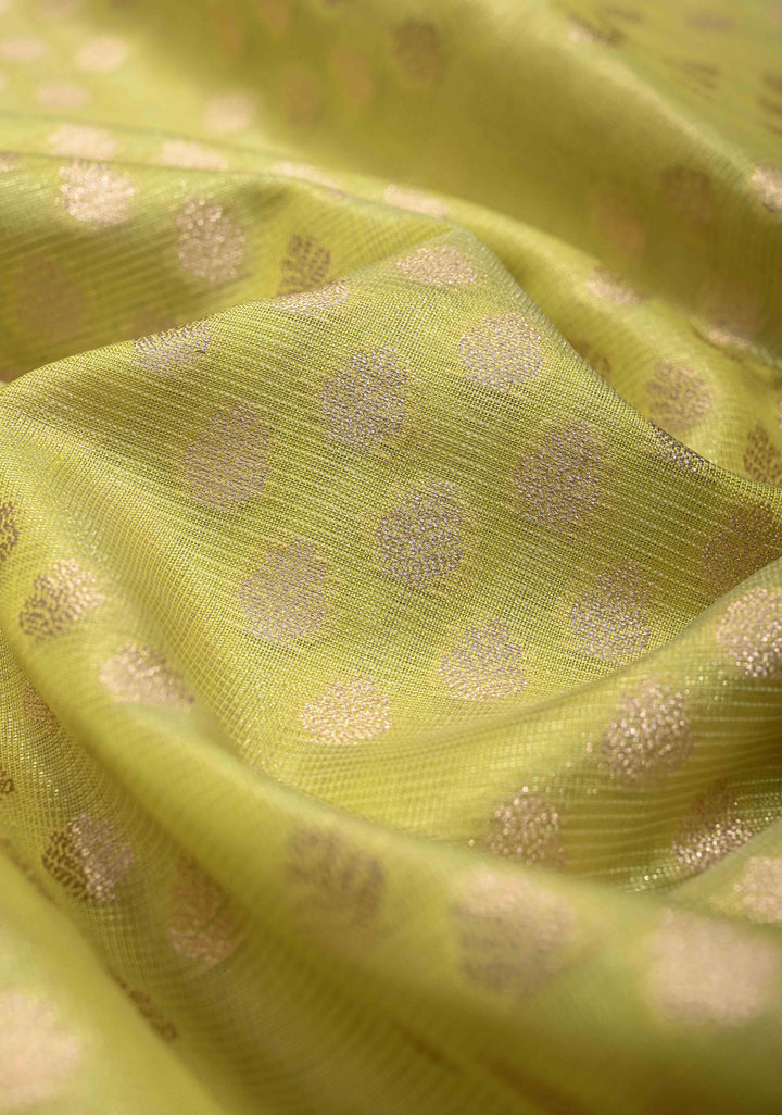 Lime Green Tissue Kanjivaram Semi Silk Saree with Leaf Buttas and Pastel meenakari Vine border