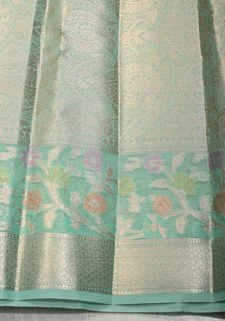Mint Green Tissue Kanjivaram Semi Silk Saree with Leaf Buttas and Pastel meenakari Vine border