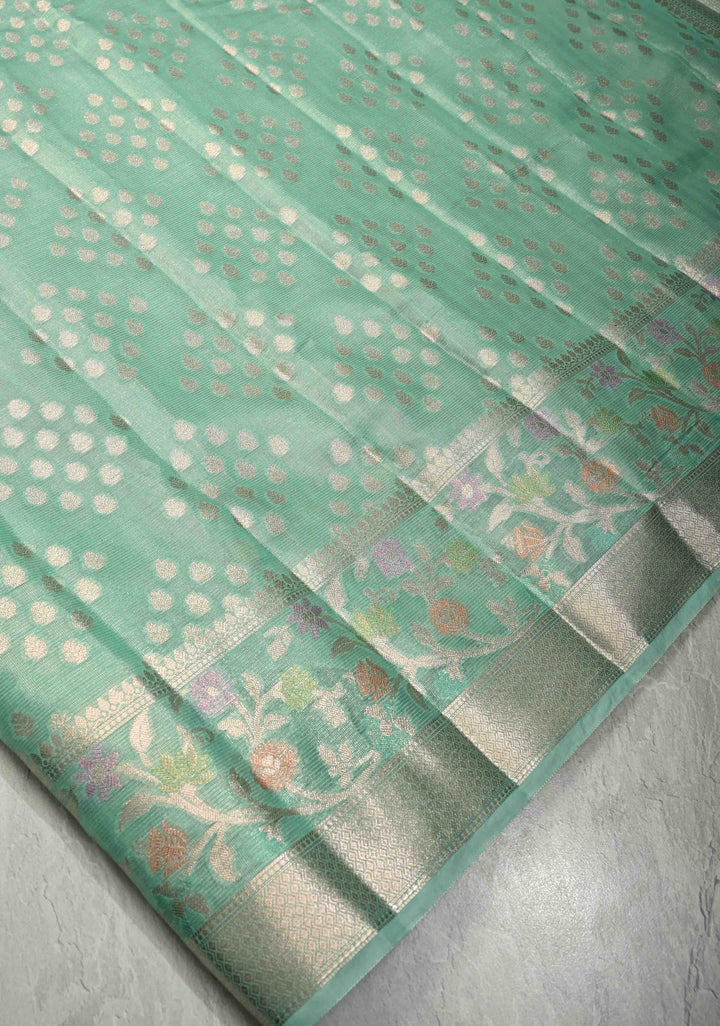 Mint Green Tissue Kanjivaram Semi Silk Saree with Leaf Buttas and Pastel meenakari Vine border