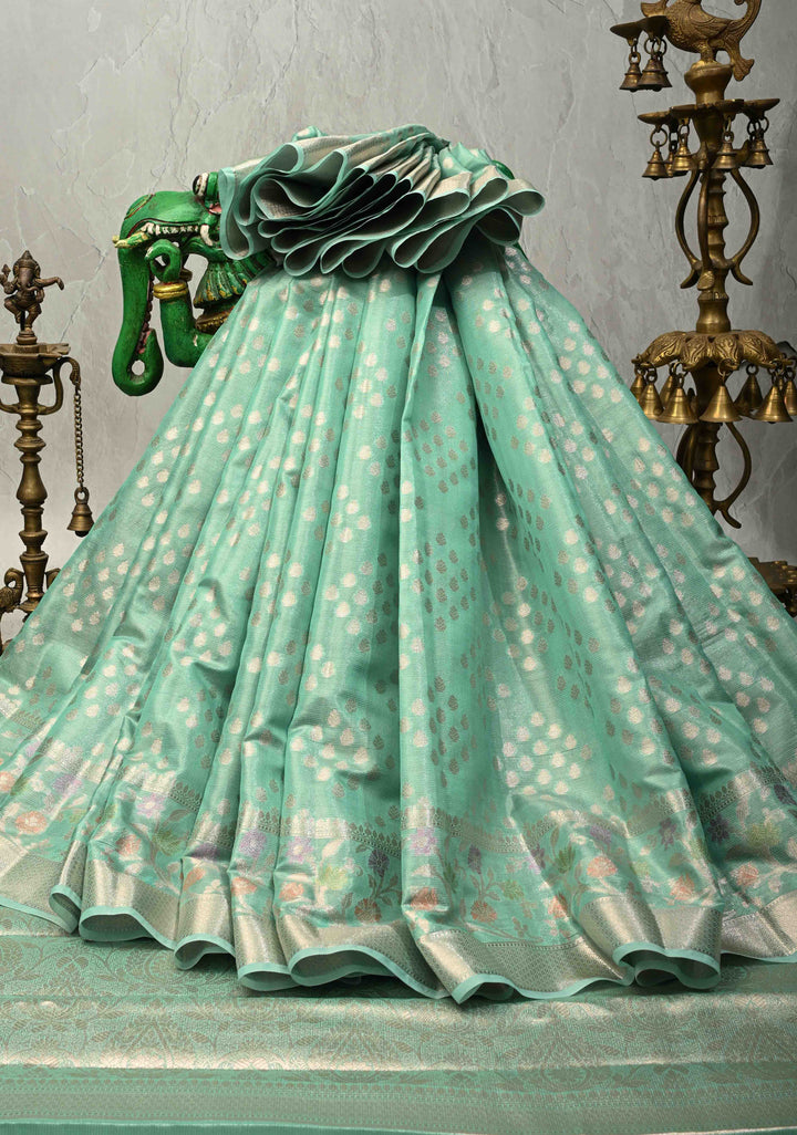 Mint Green Tissue Kanjivaram Semi Silk Saree with Leaf Buttas and Pastel meenakari Vine border