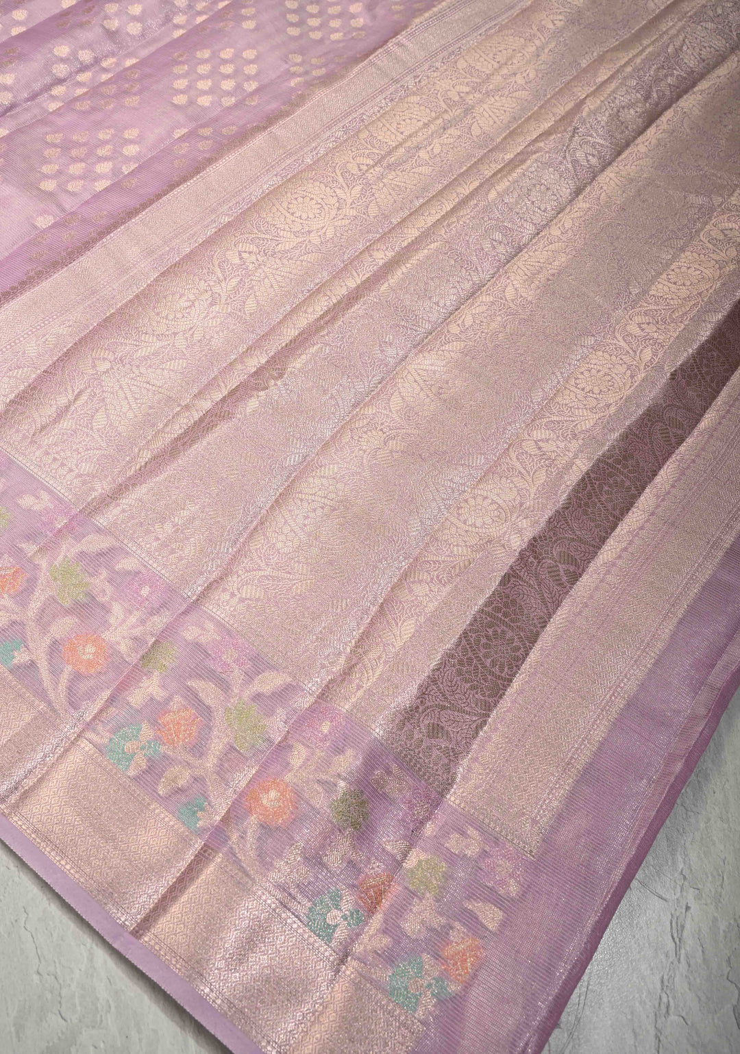 Lilac Tissue Kanjivaram Semi Silk Saree with Leaf Buttas and Pastel meenakari Vine border