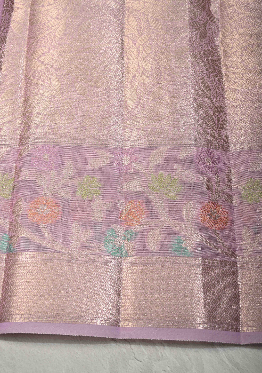 Lilac Tissue Kanjivaram Semi Silk Saree with Leaf Buttas and Pastel meenakari Vine border