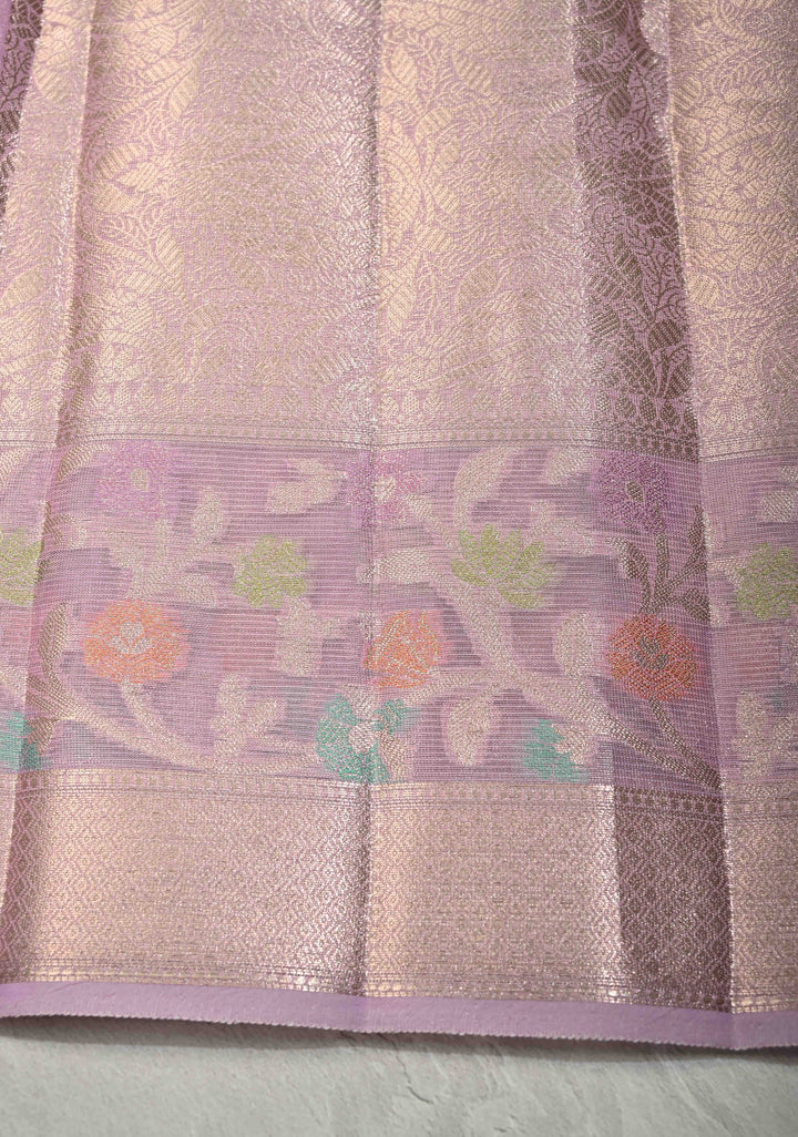 Lilac Tissue Kanjivaram Semi Silk Saree with Leaf Buttas and Pastel meenakari Vine border
